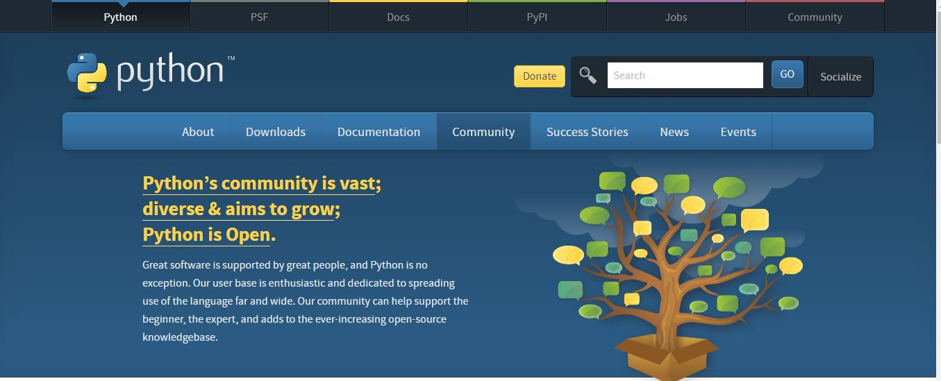 Trang web chính thức của Python liên kết đến cộng đồng người dùng Python.