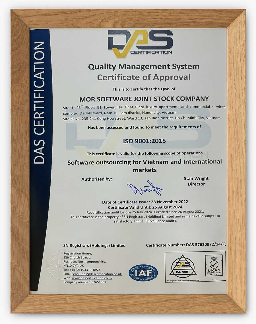 MOR Software certification - ISO 9001:2015